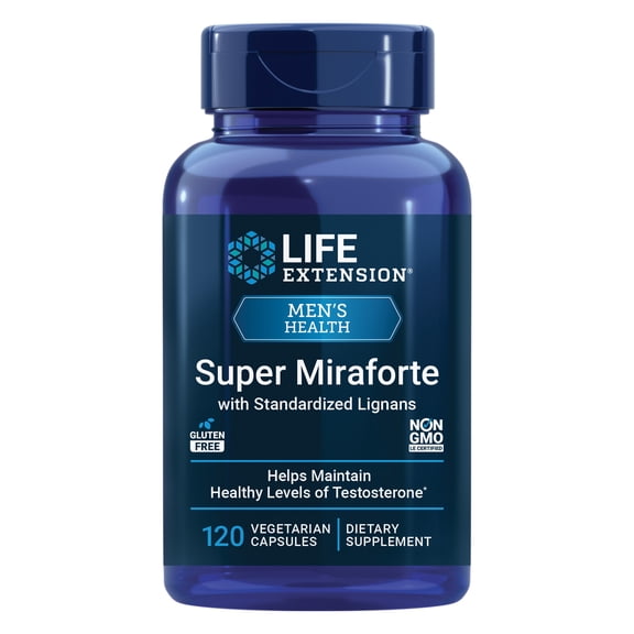 Life Extension Super Miraforte with Standardized Lignans, chrysin, nettle root, muira puama, maca, zinc, focused formula for testosterone benefits, vegetarian, gluten-free, non-GMO, 120 capsules