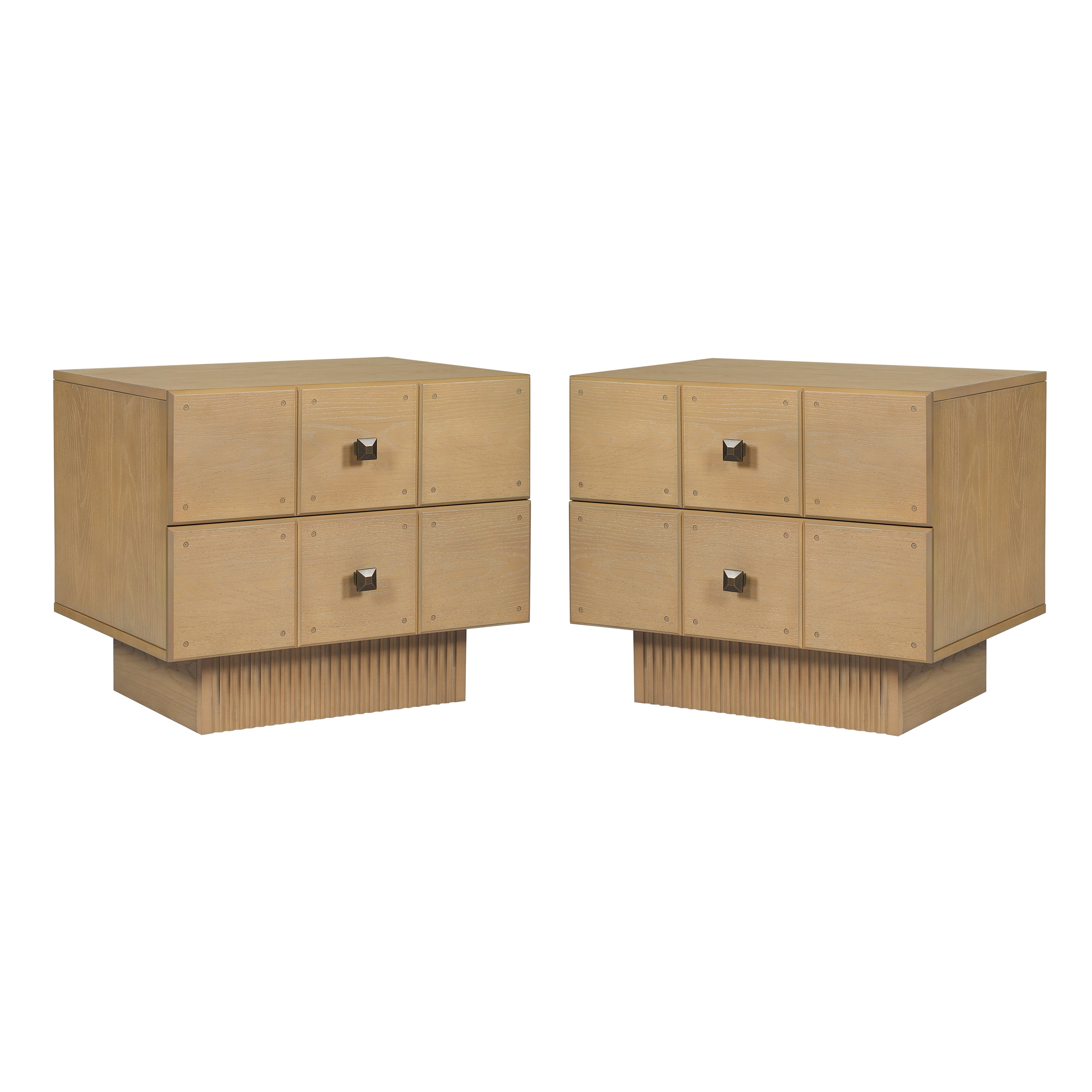 Euroco Mid-Century Nightstand with 2 Drawers, 24" Wide Bed Side Table with Fluted Pedestal,Wood Storage End Table Dresser for Bedroom,Living Room,Natural