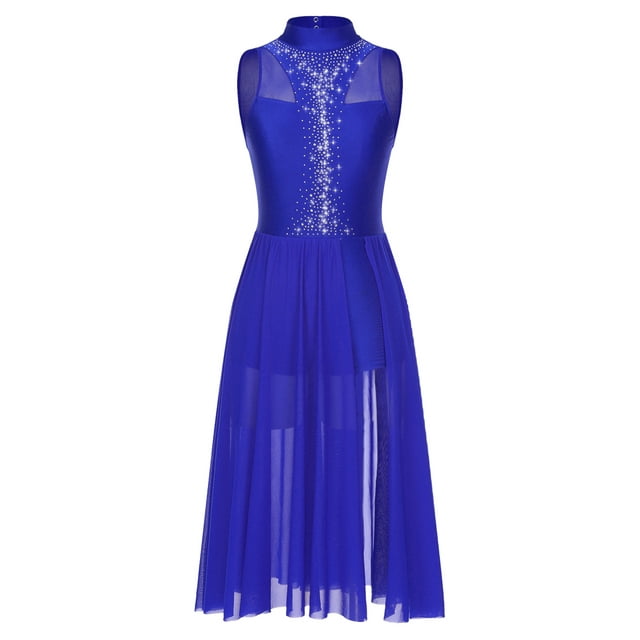 inlzdz Robe de Danse Femme Brillante avec Strass Sans Manches Costume de Performance de Danse Dos Trou de Serrure Maxi Robe Bleu Royal G
