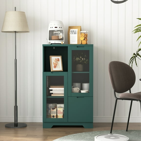 Hearthora Modern Green MDF Painted Storage Cabinet with Glass Doors and Drawer, Adjustable Shelves for Living Room, Bedroom, Office