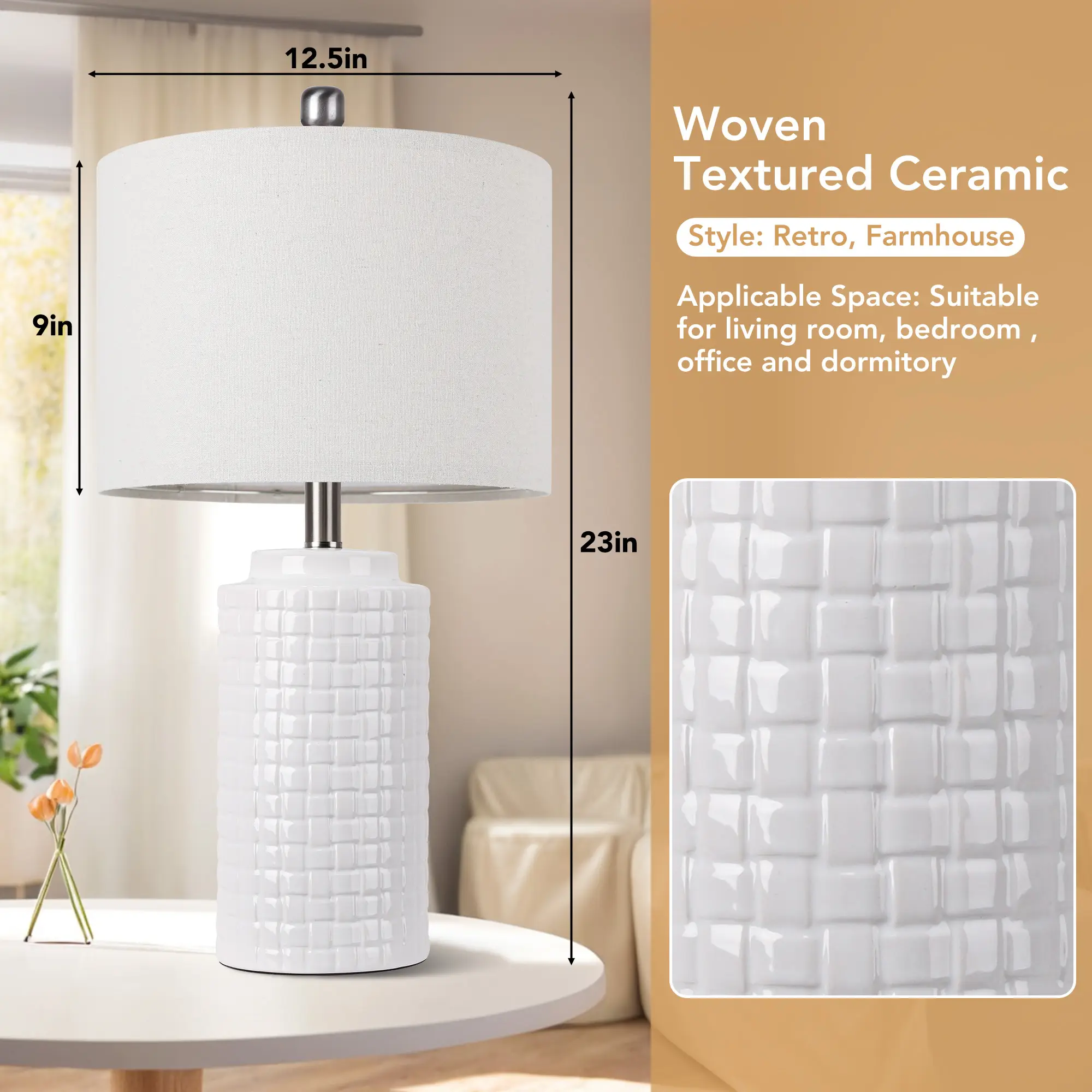 23in Modern Ceramic Table Lamp Set of 2, Table Lamps Rustic Bedside Nightstand White for Living Room