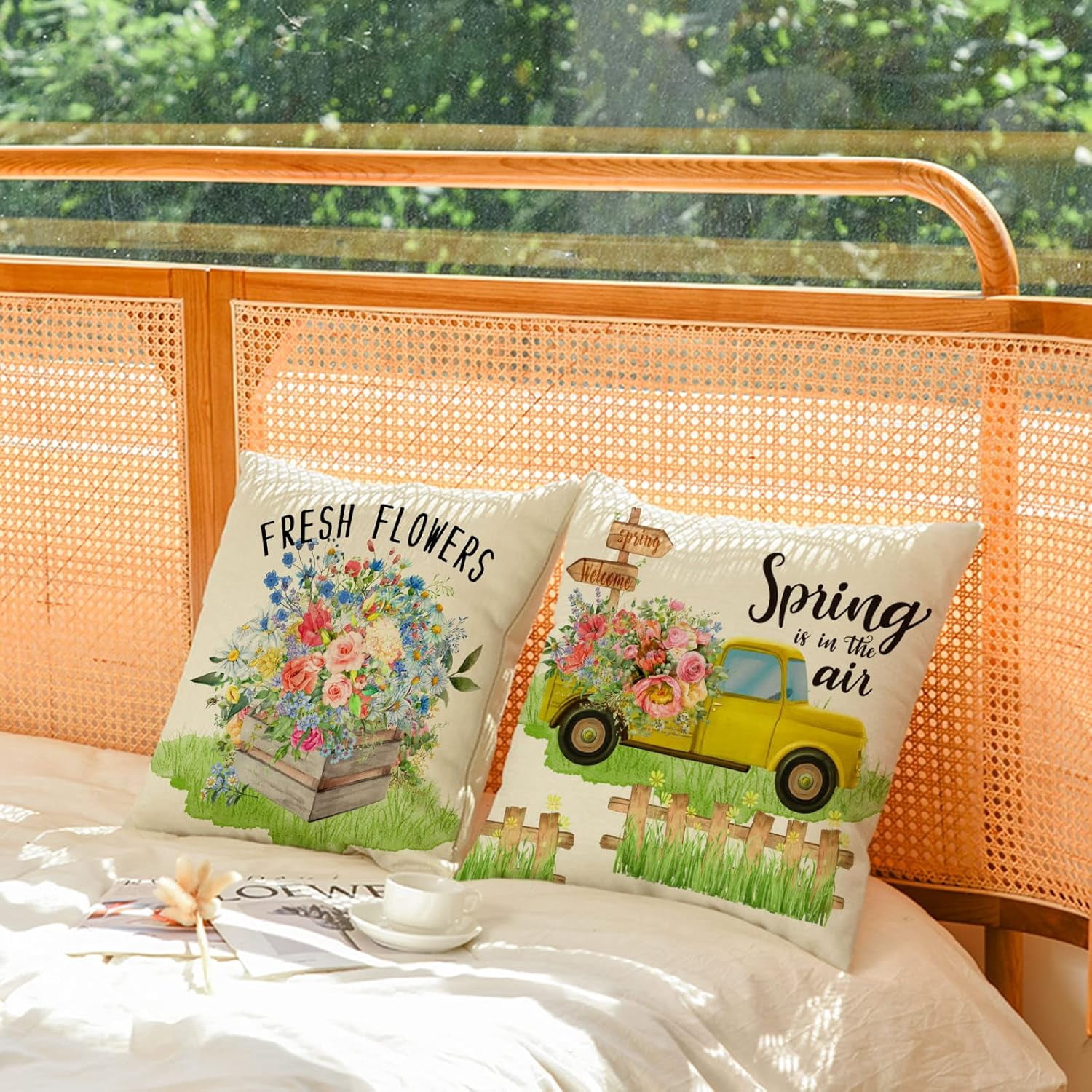 Spring Throw Pillow Covers 18x18 Set of 4 Floral Pillow Covers Spring Summer Decorative Pillow Covers Truck Biycle Flower Cushion Covers Pillow Cases for Home Outdoor Sofa Couch Decorations (18 inch)