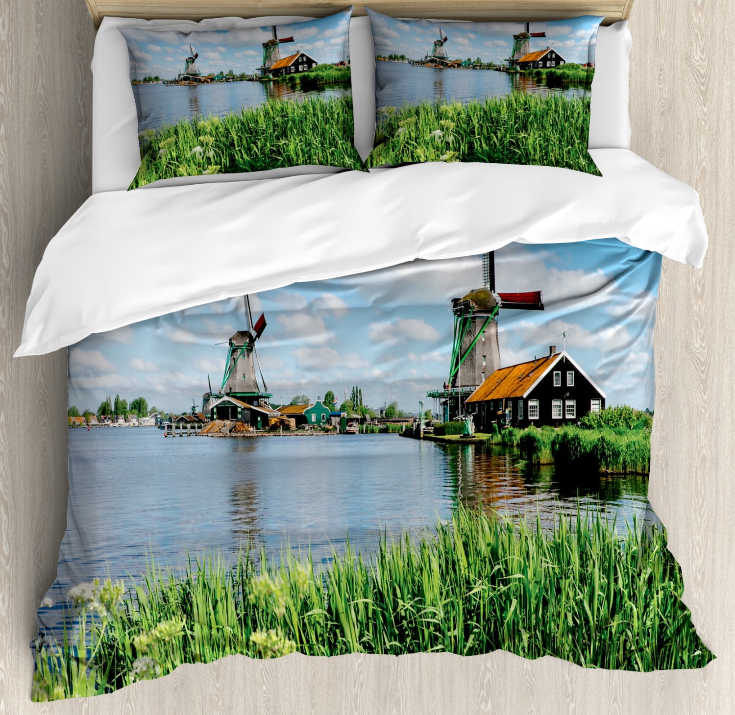 Amsterdam Duvet Cover Set Queen Size, Daytime View of Zaanse Schans Windmills Netherlands