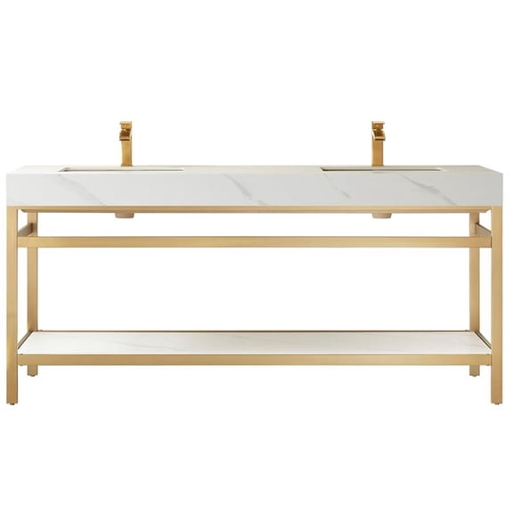 Funes 72" Double Sink Bathroom Vanity in Brushed Gold Frame White Top No Mirror