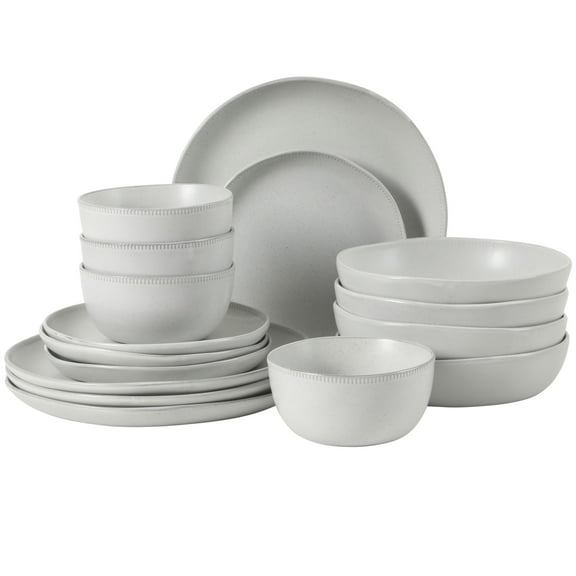 Gibson Elite Menlo Park 16-Piece Pottery Clay Stoneware Dinnerware Set – White Reactive Glaze, Embossed Plates and Bowls W/ Pasta Bowl, Service for 4 – Microwave & Dishwasher Safe