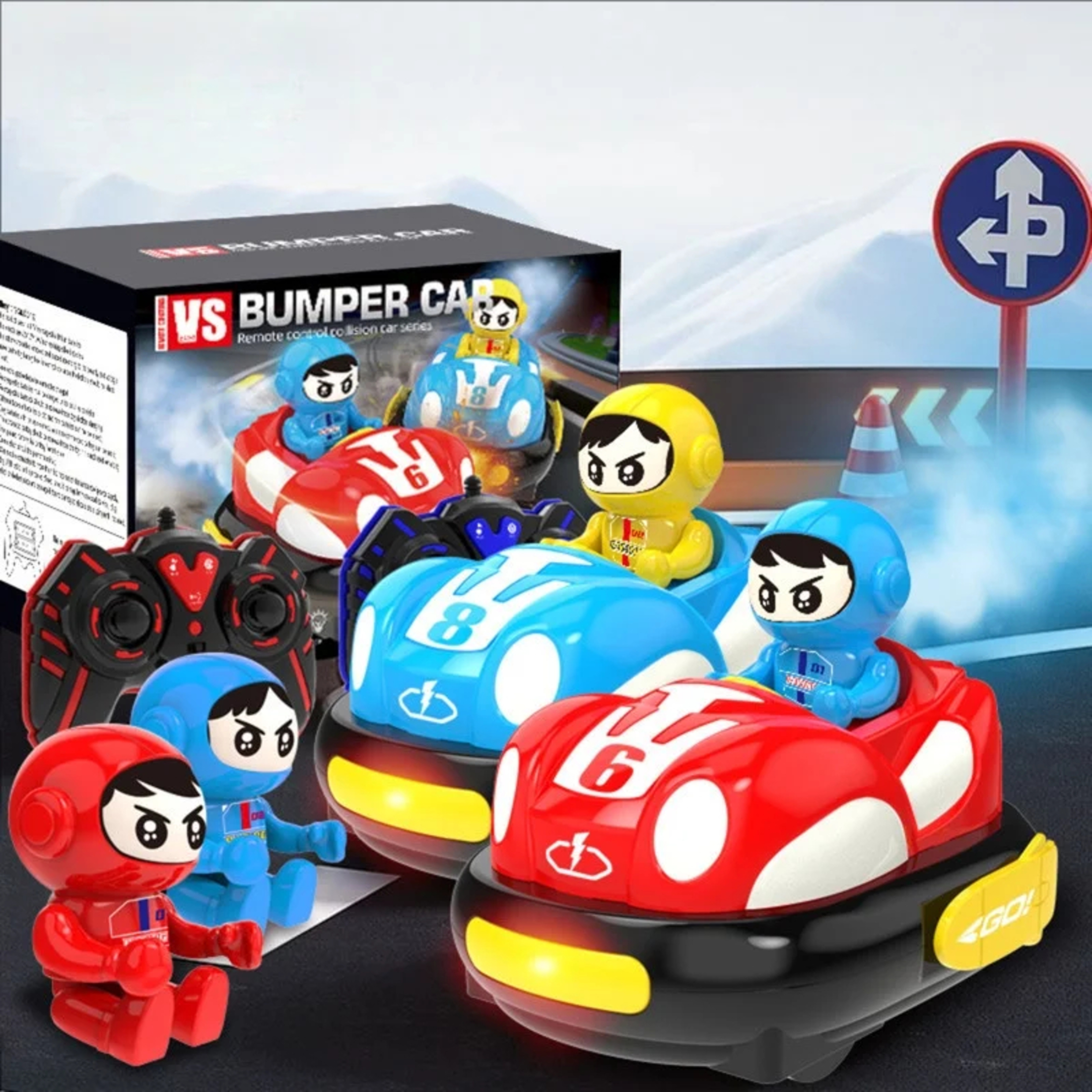 RC Bumper Car Funtogether Toys, 2-Player Set with Ejector Seats, Lights & Sounds, 2.4GHz Remote, USB Rechargeable, Red & Blue