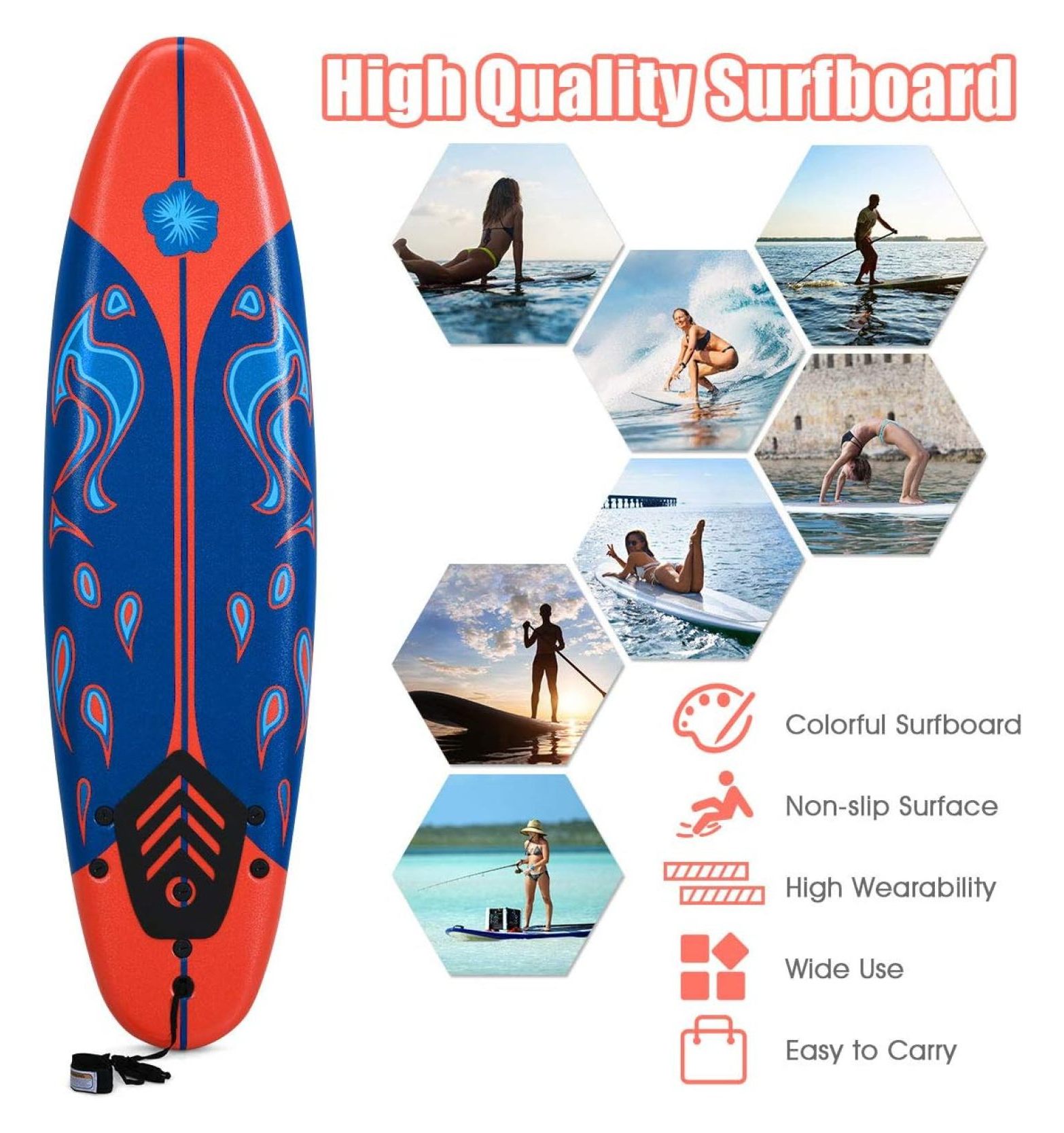 Surfboard, 6FT Stand Up Paddle Board with Removable Fins & Safety Leash, Lightweight Non-Slip Paddle Board for Teenagers, Adult, Beginners