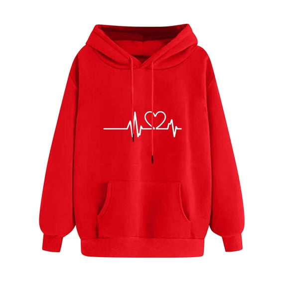 Htigea Heart Graphic Hoodies for Women Drawstring Hooded Sweatshirt Long Sleeve Casual Loose Fit Pullover Tops with Pocket Fall Winter Clothes Red S