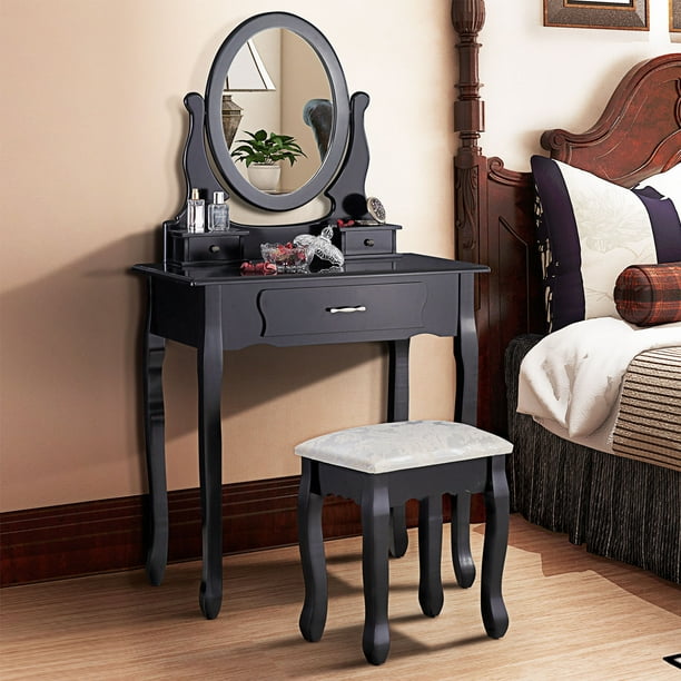 Mecor Vanity table Set Makeup Desk with Stool,3 Drawers and Oval Mirror ,Black