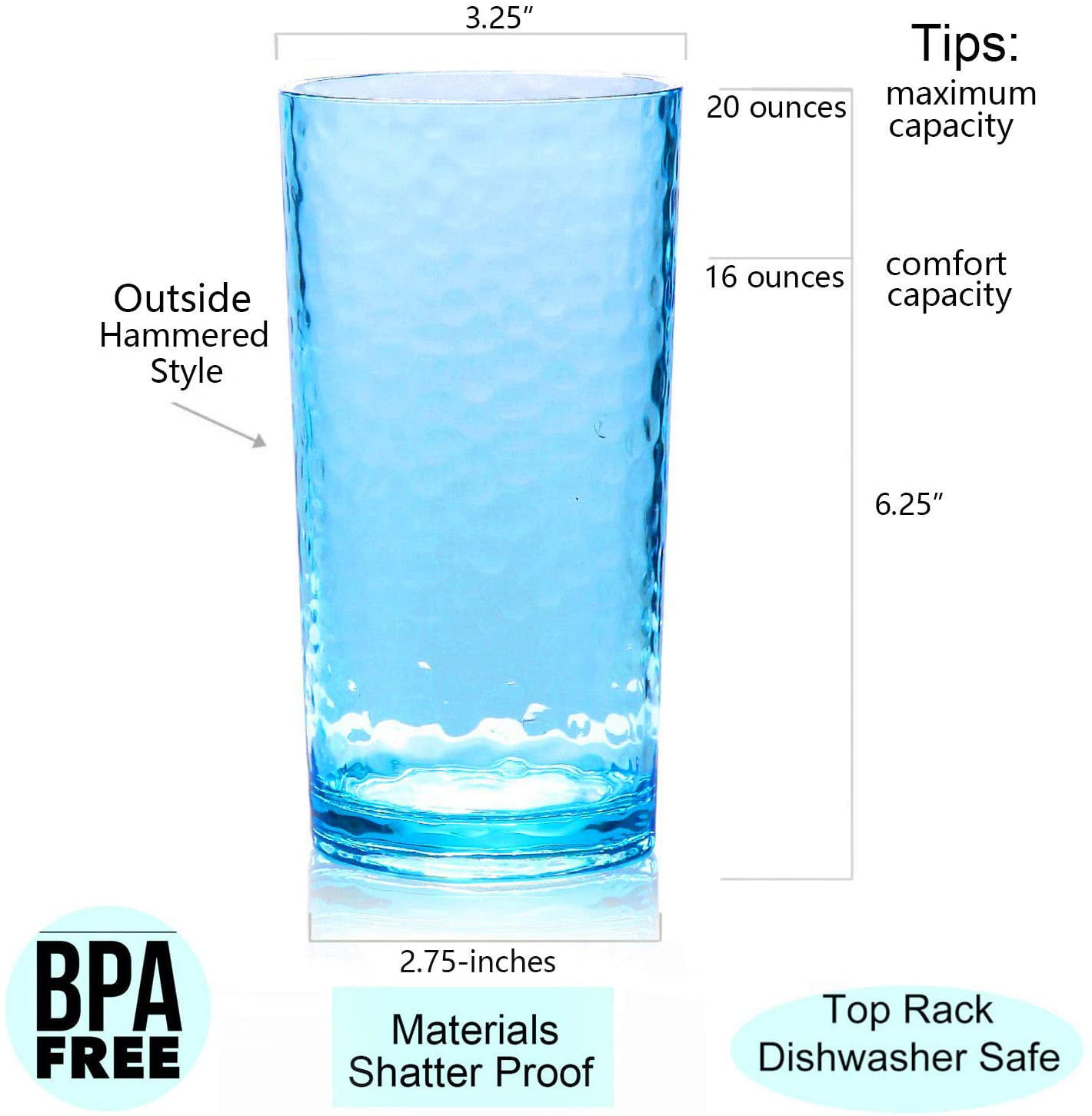 14-ounce Acrylic Glasses Plastic Tumbler BPA Free Hammered Style set of 6 Multicolor Dishwasher Safe 