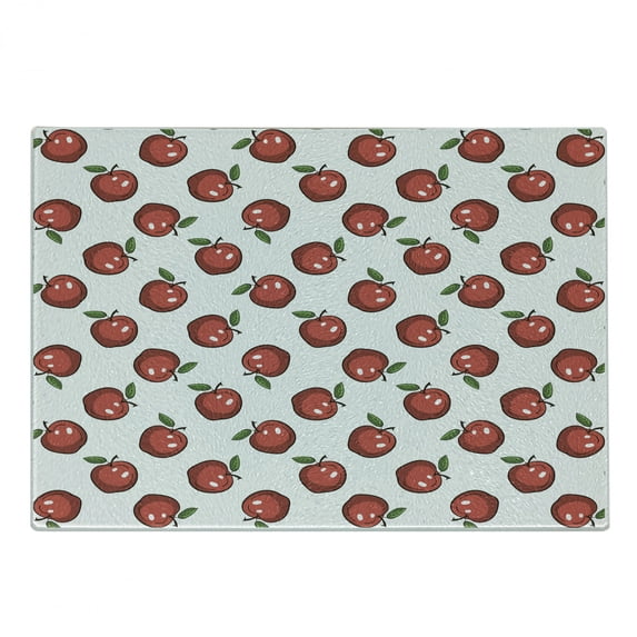 Fruits Cutting Board, Hand Drawn Cartoon Apples Organic Juicy Delicious Fruit Healthy Eating, Decorative Tempered Glass Cutting and Serving Board, Small Size, Dark Coral Green White, by Ambesonne