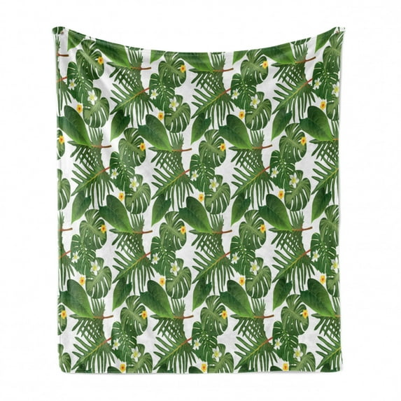 Island Party Soft Flannel Fleece Throw Blanket, Tropical Plants Giant Banana and Coconut Palm Leaves with Hibiscus Blooms, Cozy Plush for Indoor and Outdoor Use, 60" x 80", Green Yellow, by Ambesonne