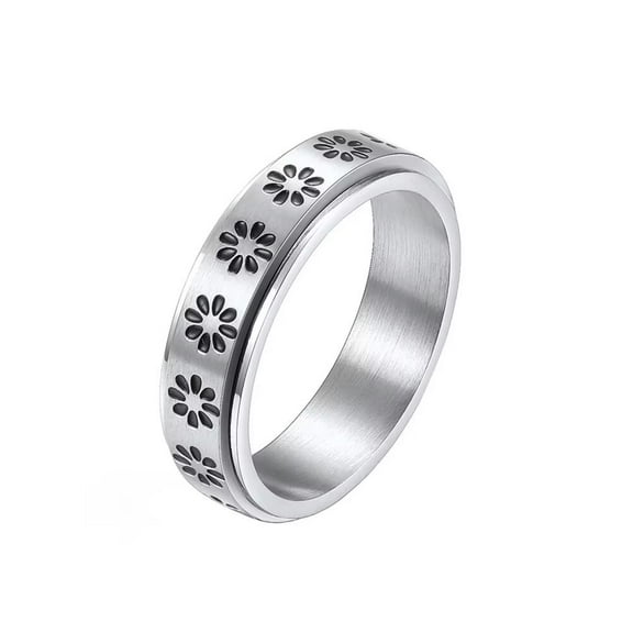 PAURO Women's & Men's Stainless Steel Anxiety Flowers Pattern Rotatable Wedding Band Ring Silver Size 5
