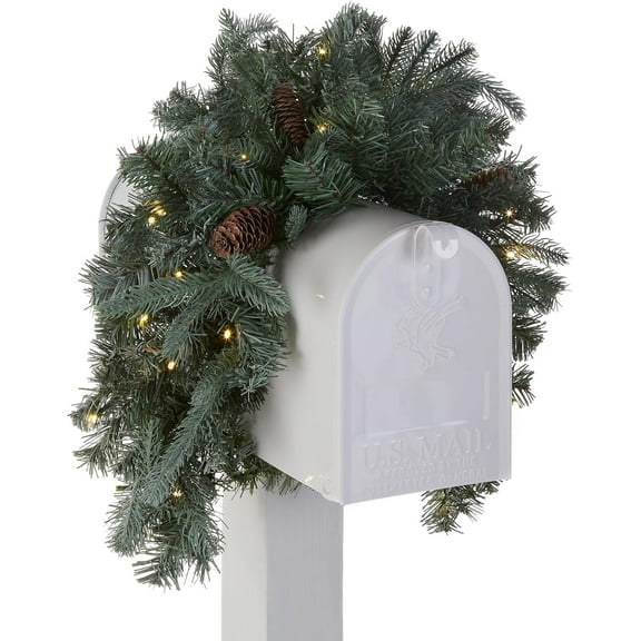 'Feel Real' Pre-lit Artificial Christmas Mail Box Swag | White LED Lights | Frosted Artic Spruce - 36 Inch