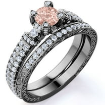 JeenMata Elegant 1.75 ct - Natural Round Pink Champagne created morganite-Edwardian Engagement Ring - Vintage Wedding Set - 18K Black Gold over Silver