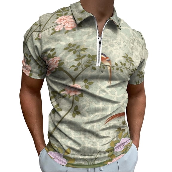 Chinese Traditional Flower Birds Men Zipper T-shirt Summer Casual Short Sleeve T-shirt Top