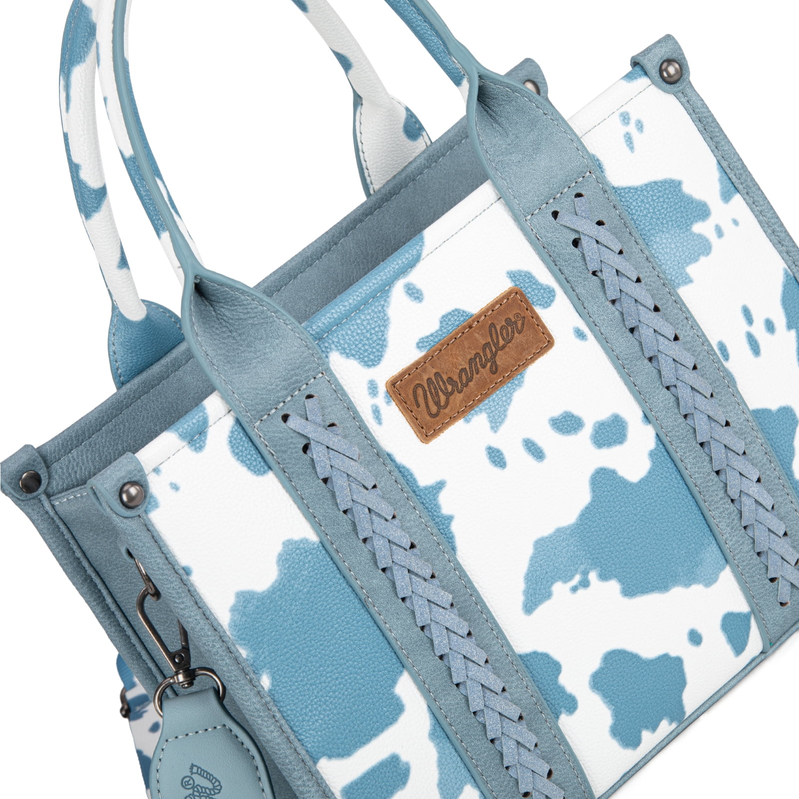 Wrangler Cow Print Tote Bag for Women Western Purse Boho Top Handle Satchel Handbag with Signature Strap, Cow-Blue