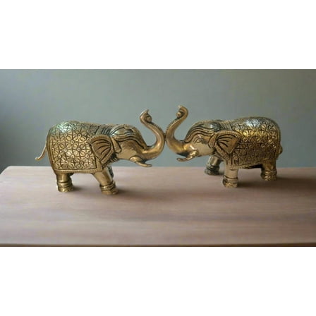 antique finish brass set of 2 fully carved trunk up elephant statue for home décor/ gift item