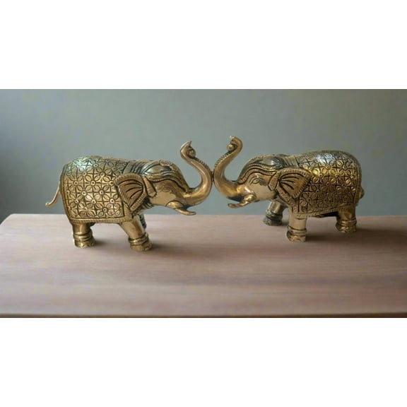 antique finish brass set of 2 fully carved trunk up elephant statue for home décor/ gift item