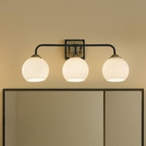 3-Light W22" Modern Elegant Brass And Black Bathrooom Vanity Light with Round Milk White Glass Shades