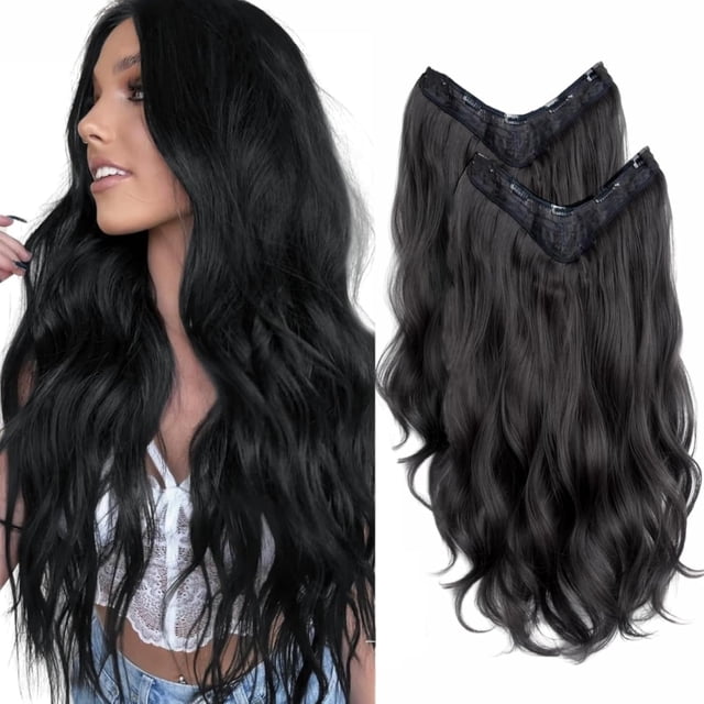 Extensiones de Cabello con Clip Invisible - Juego de 2 Piezas (45cm y 60cm) Postizos Largos Ondulados - Incluye 5 Clips Seguros - Cabello Natural Suave que Combina Perfectamente - ¡1 Paquete