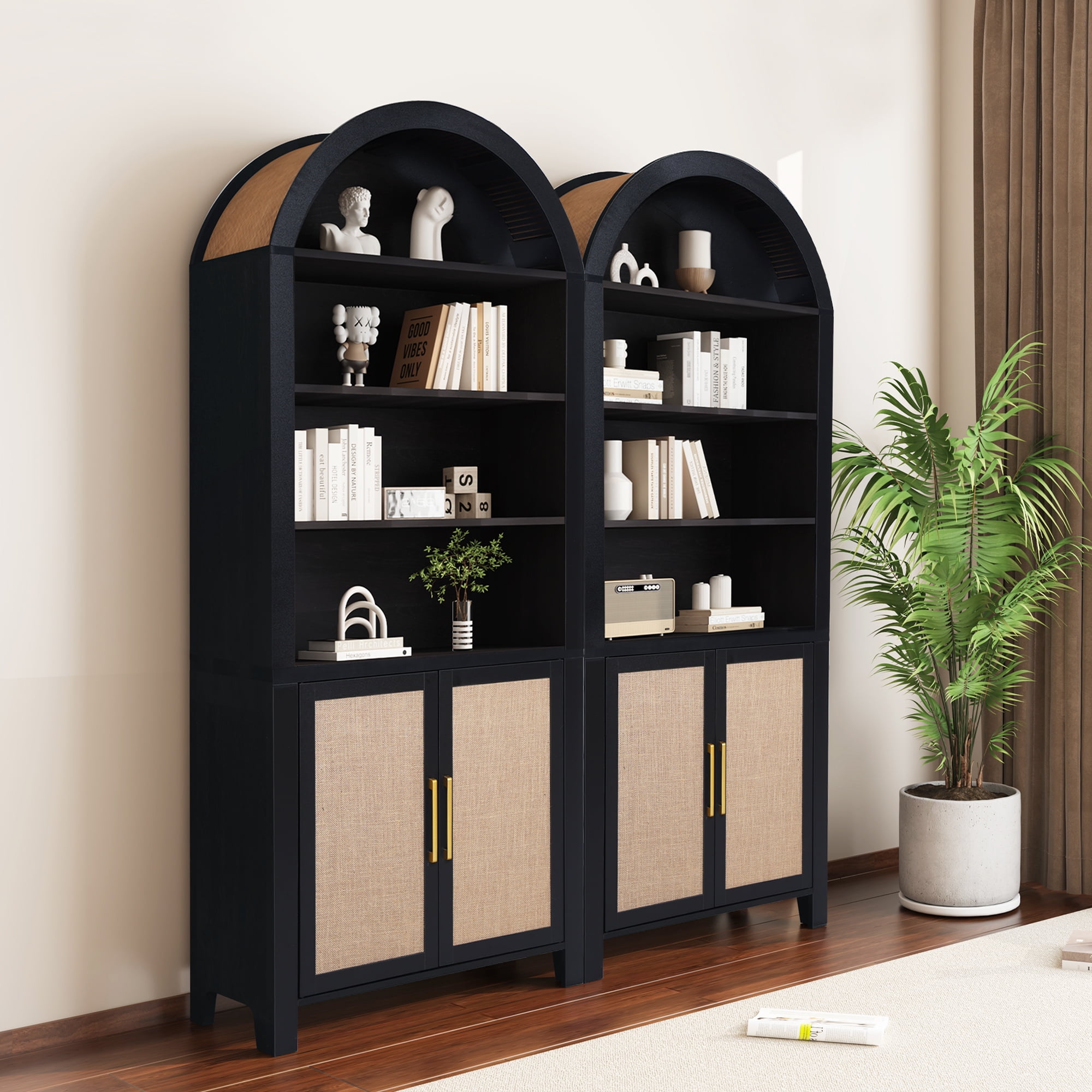 LEFHDA 71" Tall Bookshelf, Arched Bookcase with Doors, Mid-Century Modern 6-Tier Bookshelf with Storage, Rattan Open Display Storage Shelf Bookshelf for Living Room Bedroom & Classroom(Black)