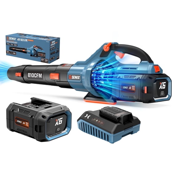 SENIX X6 60V Max* Brushless Cordless Leaf Blower with 4.0 Ah Battery and Charger, Variable Speed Up to 810CFM 170MPH, BLAX6-M1