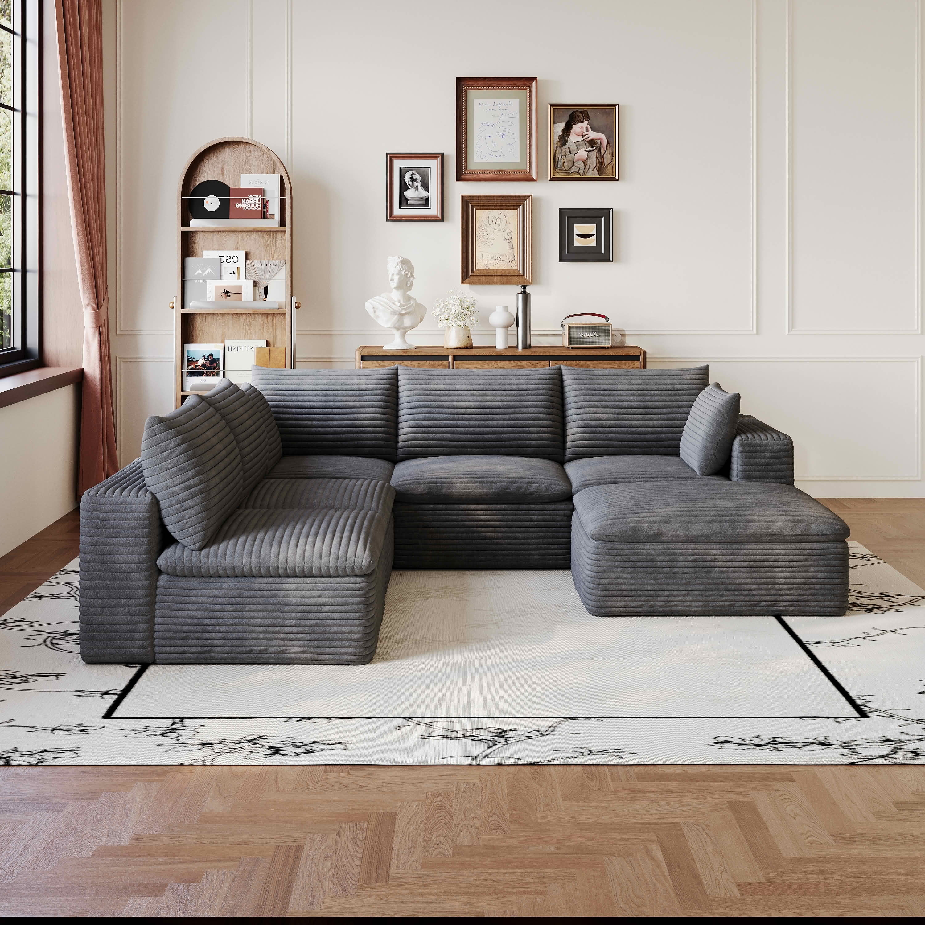 MAYEERTY 99×103-Inch Dark Gray Corduroy 6-Seat Cloud Modular Sofa, Deep Seat DIY Combination Couch with Removable Cushion No Assembly Required