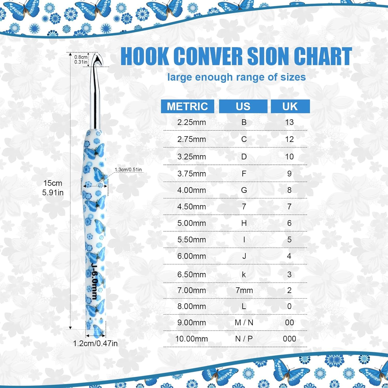 Crochet Hooks Set with Case 14 Size Blue Butterfly Flower Pattern for Arthritis Hands, 2.25mm(B)-10mm(N) Crochet Needles for Beginners Christmas Gift New Year's Presents Crochet Lovers