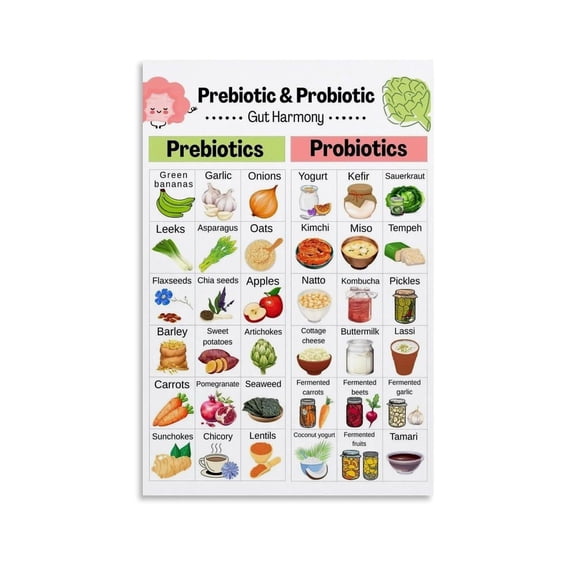 Prebiotic And Probiotic Food Chart Poster Gut Microbiome Food List Guide Kitchen Canvas Painting for Living Room Bedroom Decor poster