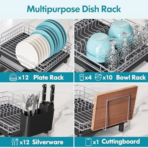 Stainless Steel Dish Drainers Drying Rack for Kitchen Counter with Automatic Drainage, 1 Tier Rust Proof Metal, Space Saving, Modern Aesthetic, Compact Plates Strainers,Gray
