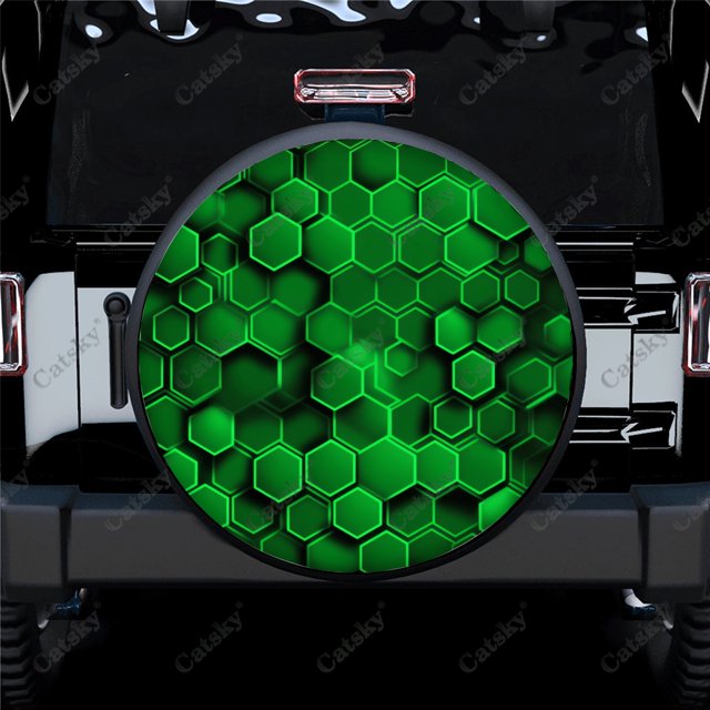 Abstract Green Hexagon Polyester Universal Spare Wheel Tire Cover Custom Tire-Covers for Trailer RV SUV Truck Camper
