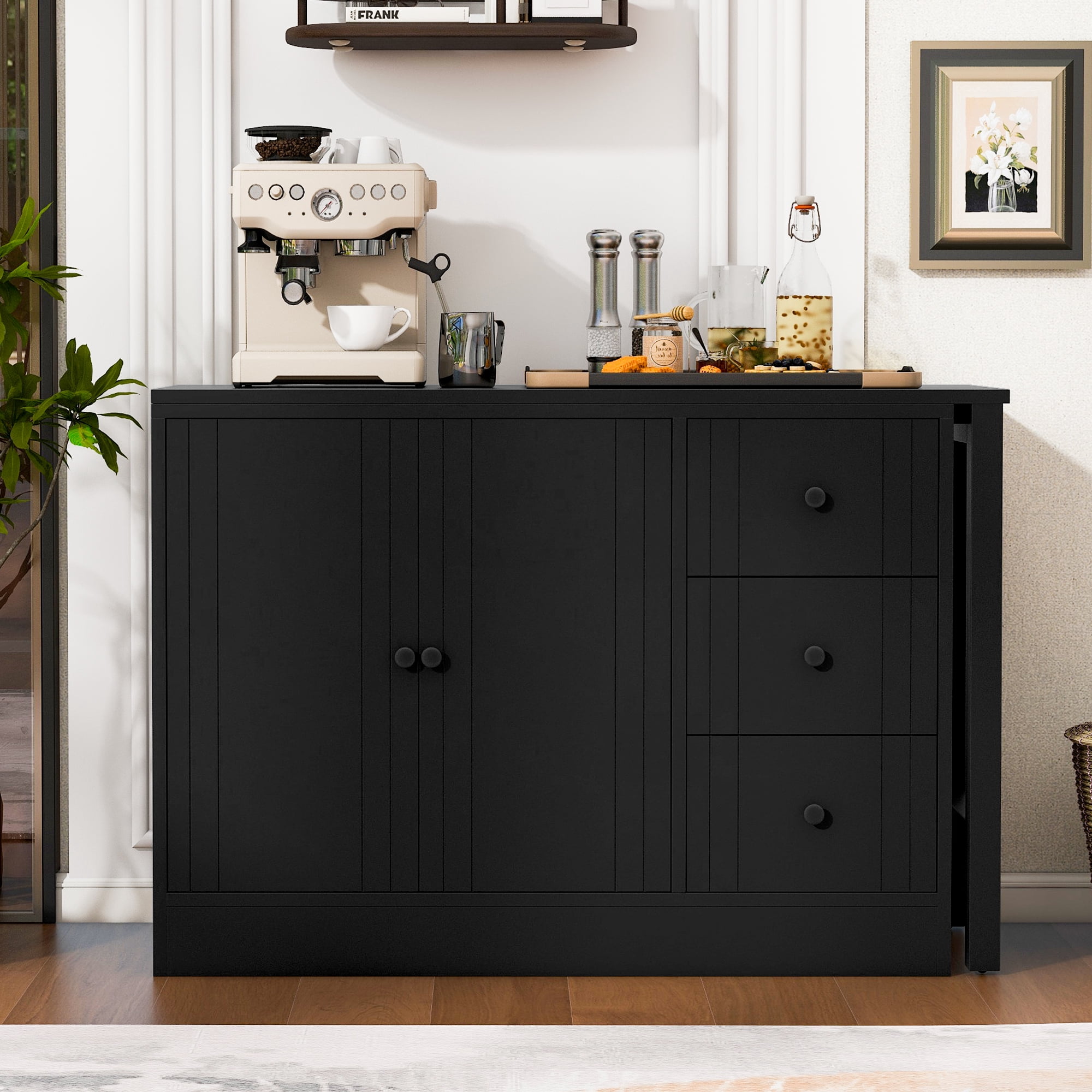 Aukfa Space-Saving Sideboard with 47" Extendable Dining Table,Buffet Cabinet for Kitchen Dining Living Room,Black