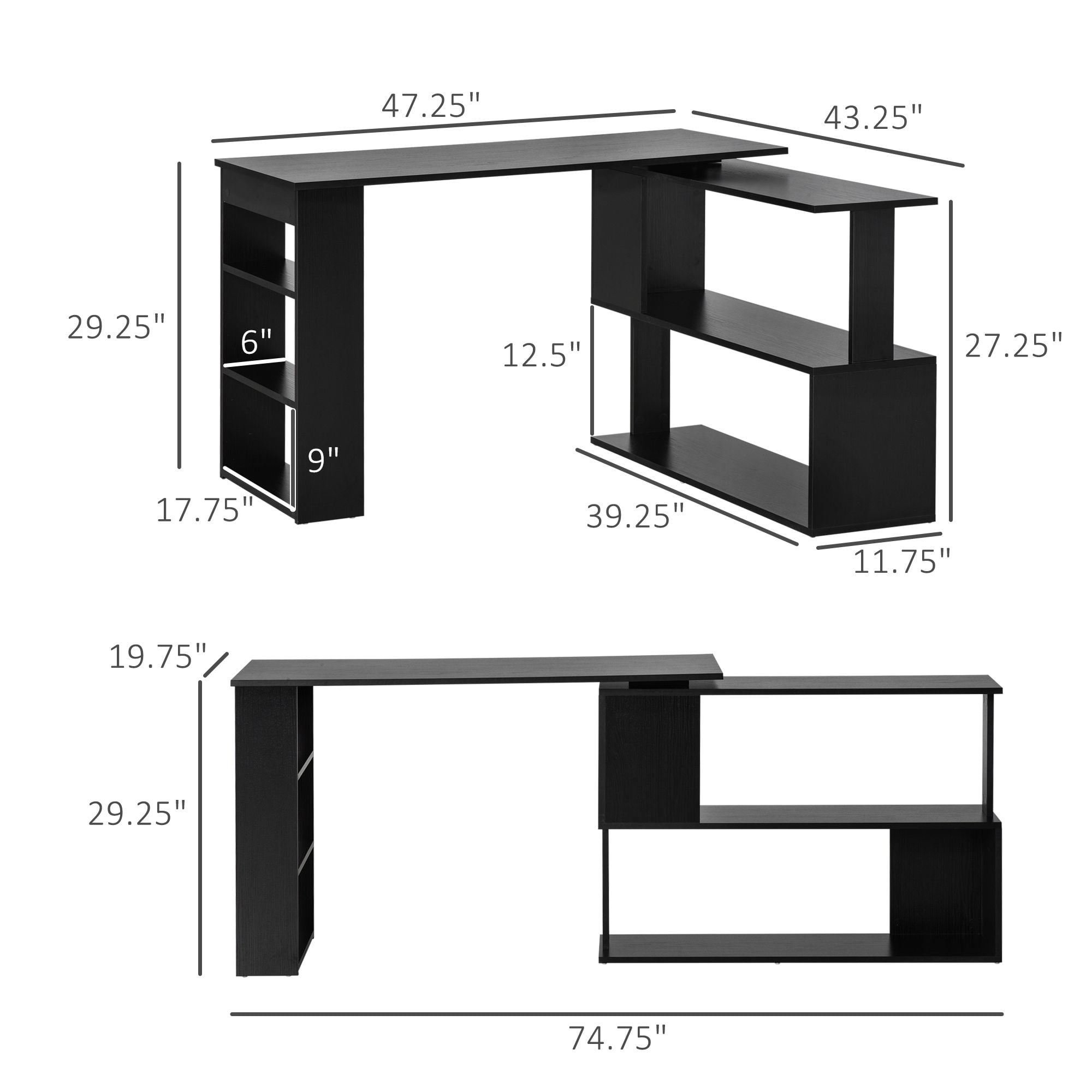HomCom 360° Rotating Home Office Corner Desk and Storage Shelf Combo Modern L Shaped Rotating Computer Desk with Bookshelves