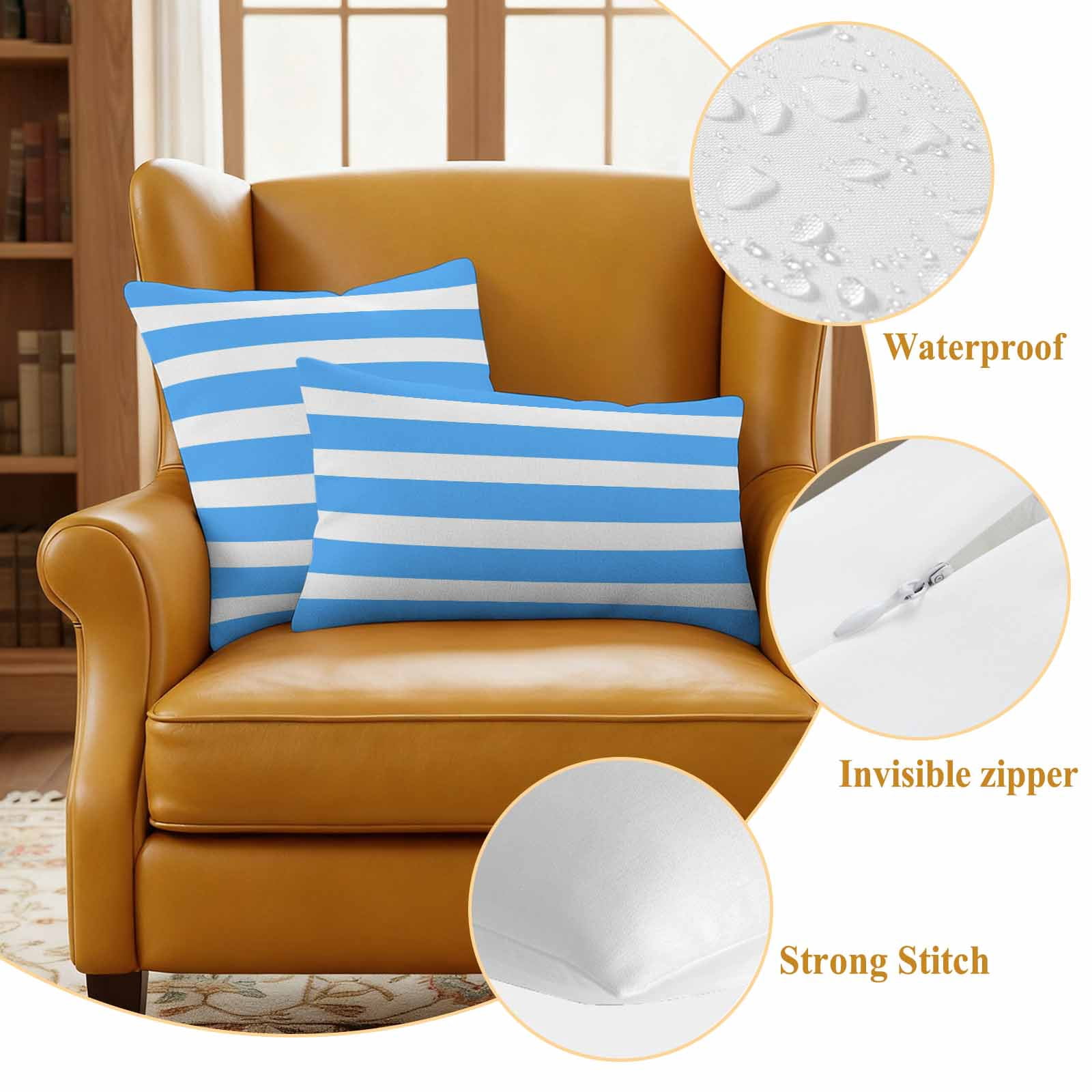 Blue Striped Outdoor Waterproof Pillow Covers, Modern Simple Monochrome Geometric White Decorative Rectangle Throw Pillowcase Sofa Cushion Sham for Patio/Couch/Chair, 20"x12" 2 Pack