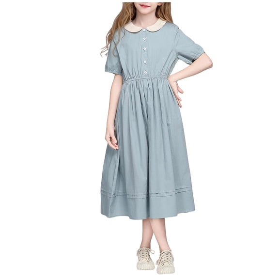 akafmk Teen Girls Preppy Dresses Doll Collar Short Sleeve Button High Waist Casual Dresses 7-16 Years