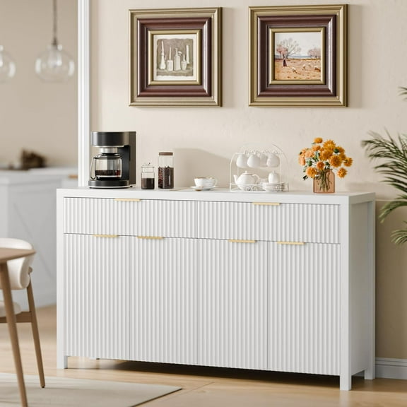 Lulive White Fluted Buffet Cabinet with Storage 55 inch Wood Large Sideboard with Adjustable Shelves for Entryway Kitchen Living Room
