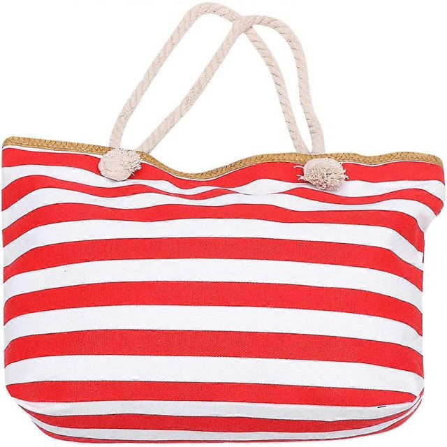 KAIYANG Bolso de playa de lona a rayas, bolso de mano impermeable de verano, bolso de compras para mujer, rojo (Rojo)