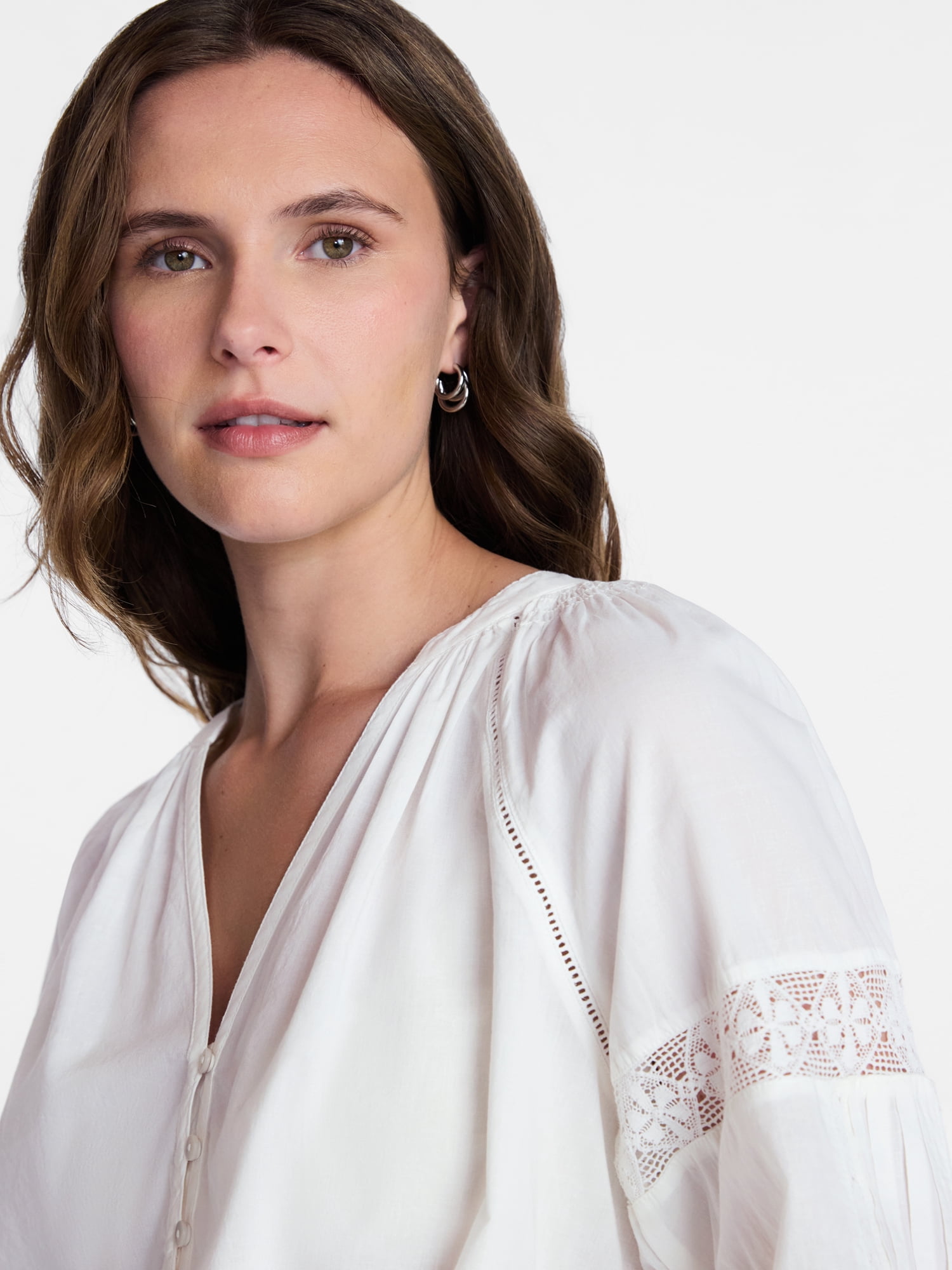 Time and Tru Women's Lace Insert Popover Full Sleeve Top, Sizes XS - XXXL