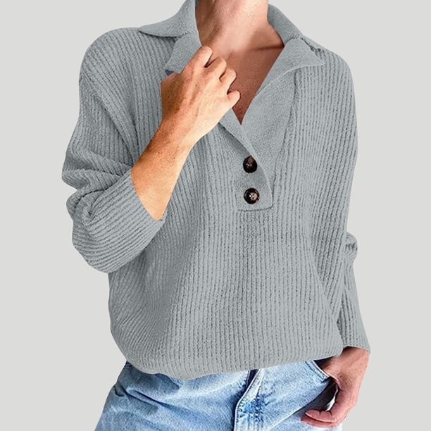 Suéter de cuello en V para mujer, suéter de punto con solapa, suéter holgado informal de color sólido, top de manga larga, suéter de cuello en V, blusa para mujer