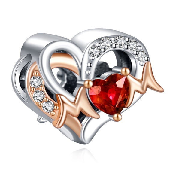 NINGAN 925 Sterling Silver Charm for Women Bracelets Necklace Rose Gold Mothers Day Heart Ruby Charm Women Bracelet Charm