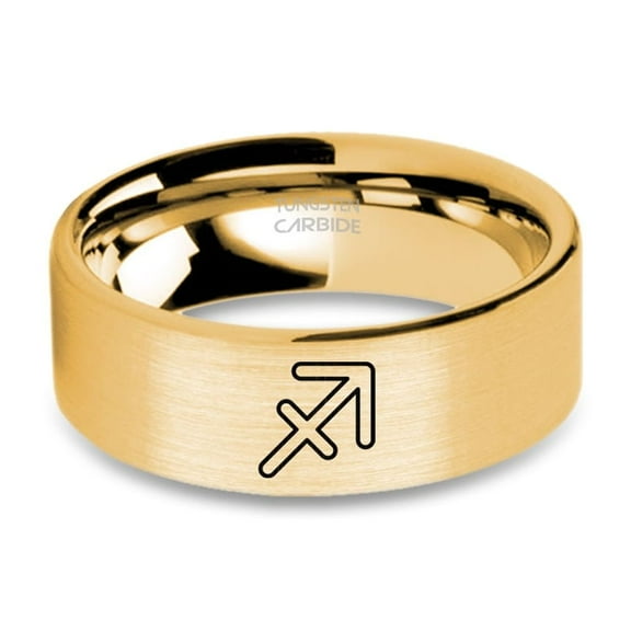 Sagittarius Symbol Engraved Yellow Gold Brushed Tungsten Ring, 8mm, Size 15