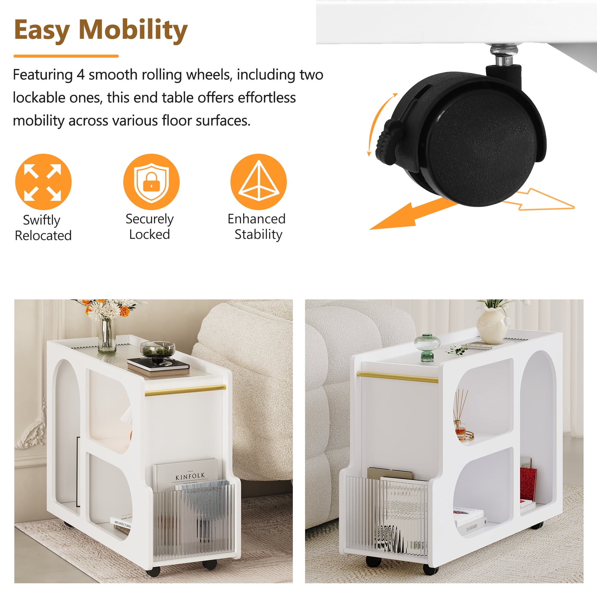 MAYEERTY Mobile End Table with Lockable Wheels, Narrow Coffee Table, Modern Nightstand for Living Room, White