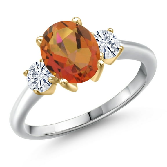 Gem Stone King 925 Silver and 10K Yellow Gold Twilight Orange Mystic Quartz and White Moissanite Engagement Ring for Women | 2.26 Cttw | Oval 9X7MM | Gemstone Birthstone | Size 9