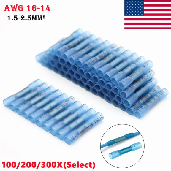 Blue Heat Shrink Butt Wire Connectors Crimp Terminals AWG 16-14 Gauge US