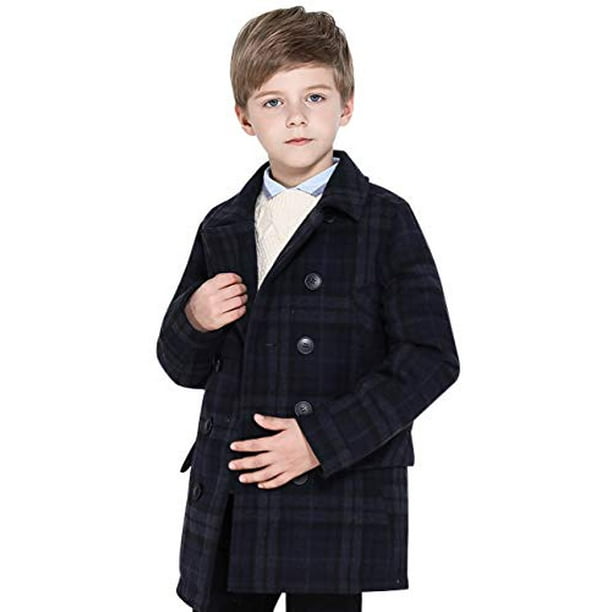 Boys Coat Elegant Notched Collar Double Breasted Wool Blend Over Pea Coat SLN6005 Navy Grey Check 9 10Y