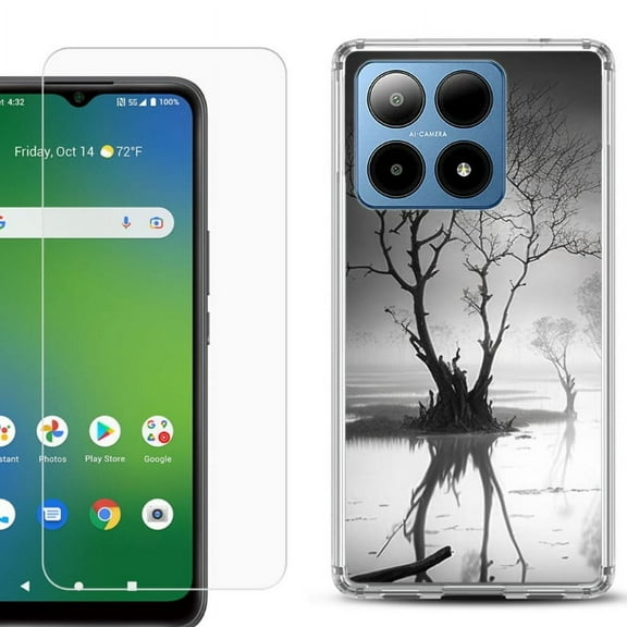 For Boost Mobile Summit 5G Shockproof Phone Case Cover with Tempered Glass Screen Protector, by OneToughShield - Tree BW