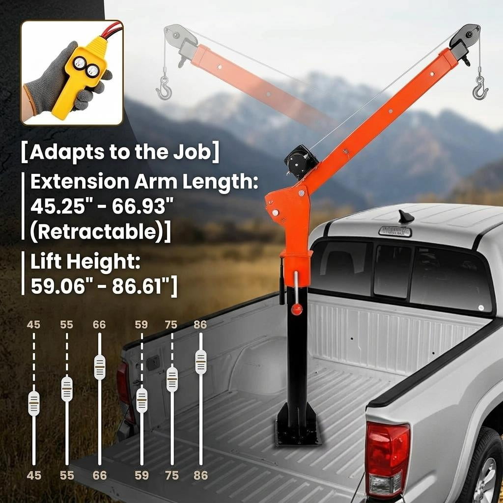 Tanfengu Pickup Truck Crane, 1100 LBS Capacity 12V DC Electric Hoist Crane with 3500 LBS Winch, 360° Swivel Adjustable Arm for Farm Garage Workshop