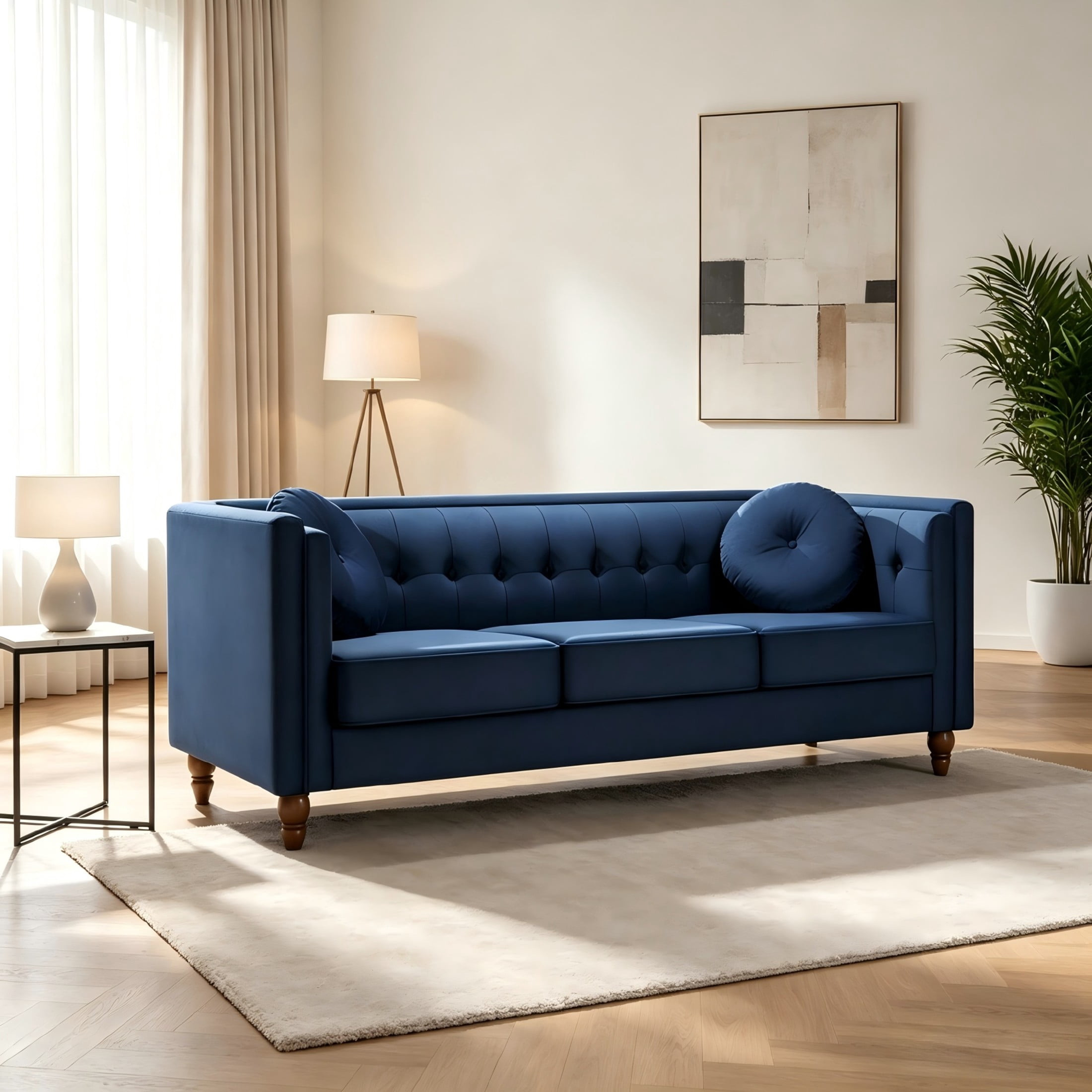 GDF Studio 80.7" Chesterfield Tufted Sofa with Square Arms, Crushed Velvet Upholstery, Deep Blue