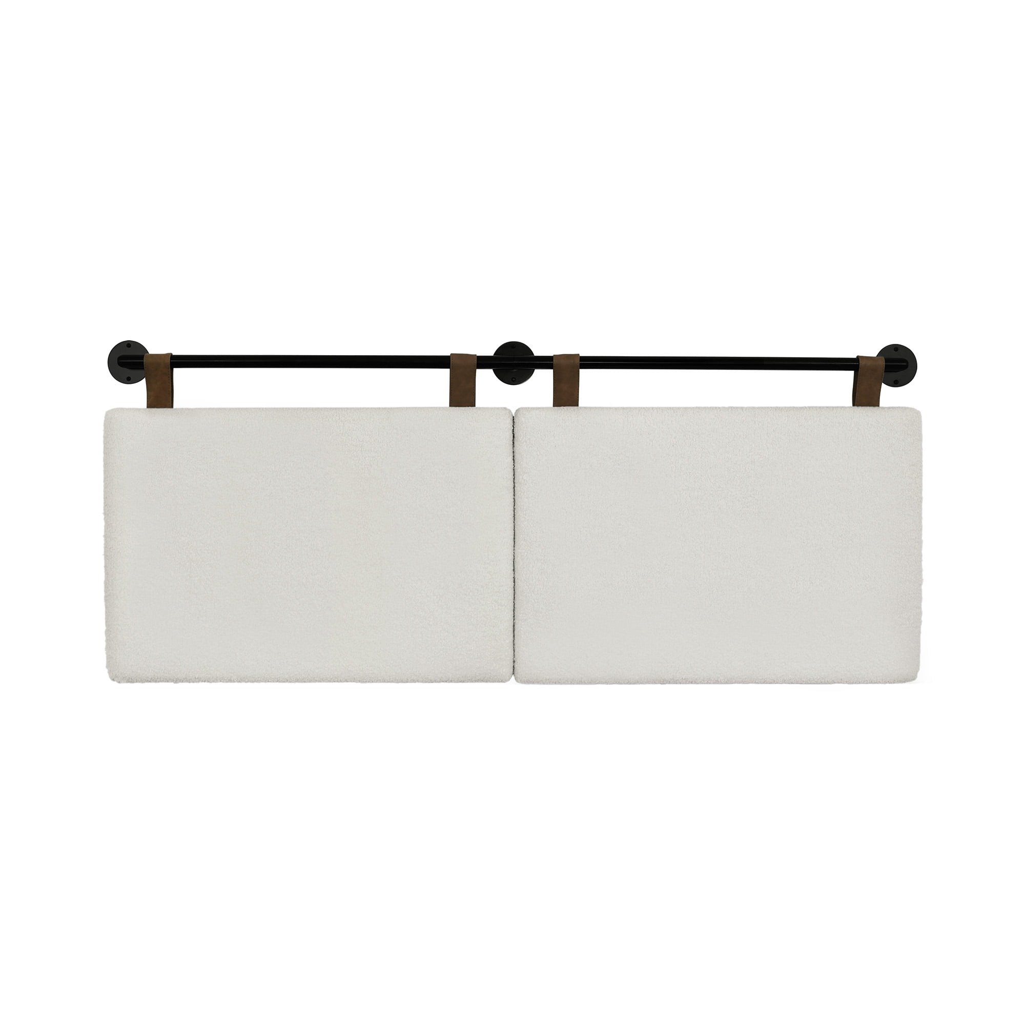 Charlie Queen Size Wall Mount Headboard, Boucle Upholstered Padded Headboard, Adjustable Height Brown Leather Straps with Black Matte Metal Rail, White/Black